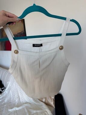 Balmain Cream Ribbed Cropped Tank with Gold Buttons